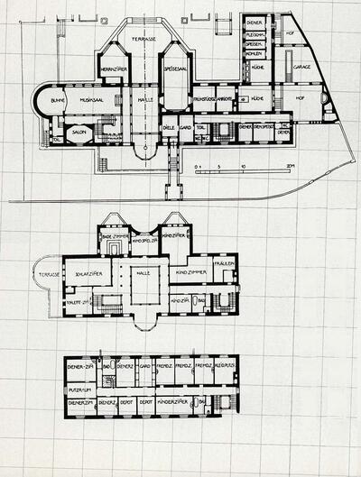 Josef Hoffmann (1870-1956), De grondplannen van het Stoclethuis, de benedenverdieping, de eerste verdieping en de dakverdieping