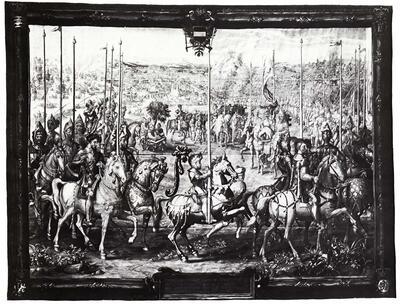Judocus de Vos naar Jan Cornelisz. Vermeyen (1500-1559), Wandtapijt met de voorstelling van Karel V die zijn troepen schouwt nabij Barcelona voor de inscheping naar Tunis. Habsburg