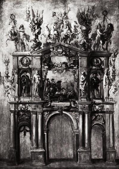 Naar Peter Paul Rubens (1577-1640), Schets met het vooraanzicht van de triomfboog van kardinaal-infant Ferdinand. Habsburg