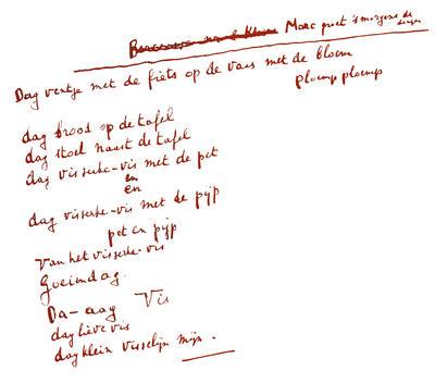 Paul van Ostaijen, Origineel handschrift van  "Marc groet 's morgens de dingen"  Het gedicht Marc groet 's morgens de dingen zou volgens sommige bronnen geinspireerd zijn op de schilderijen van Franz Marc Taal