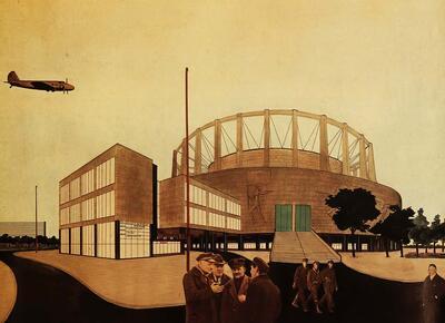 Renaat Braem (1910), Het ontwerp voor een totaaltheater aan het Centrale Plein van een lijnstad, architectuur, Interbellum