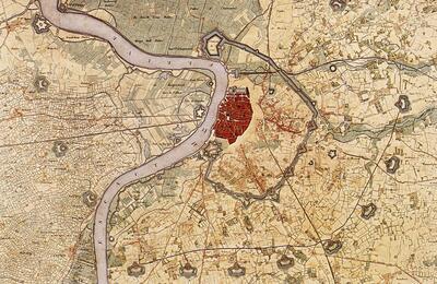 Ch. Mestdagh. Kaart van Antwerpen en omgeving met de omwalling en de fortengordel. Ruïnes, Monumenten