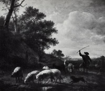 Balthasar Ommeganck (1755-1826), Landschap met schapen en herder, 1782.  Dieren als model in de Vlaamse schilder- en Beeldhouwkunst