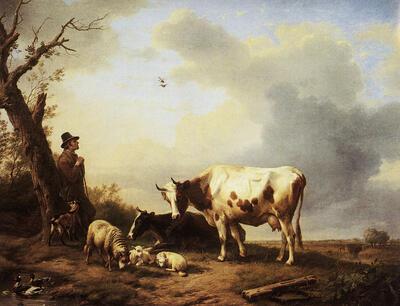 Eugène Verboeckhoven (1799-1881), Landschap met dieren ( en herder), 1846.  Dieren als model in de Vlaamse schilder- en Beeldhouwkunst