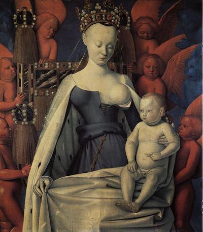 Jean Fouquet (ca. 1420-ca. 1480), Madonna door engelen omringd. Italiaanse en Franse primitieven in Vlaams openbaar bezit