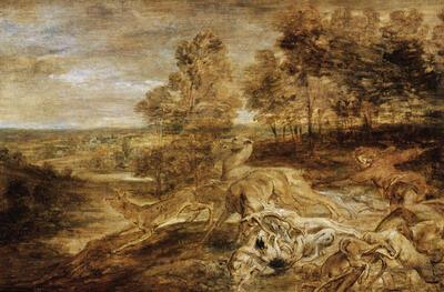 Peter Paul Rubens (1577-1640), Hertejacht aan de rand van het woud, Circa 1635.  Dieren als model in de Vlaamse schilder- en Beeldhouwkunst