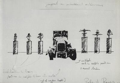 Roland Rens (1952), Fragment van een onbestaand automuseum ( ontwerptekening), 1985. Kunst voor musea