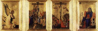 Simone Martini (1284-1344), Vier paneeltjes van een passie­polyptiek, Engel van de Annunciatie, Kruisafneming, Lanssteek, Maagd van de Annunciatie, Italiaanse en Franse primitieven in Vlaams openbaar bezit