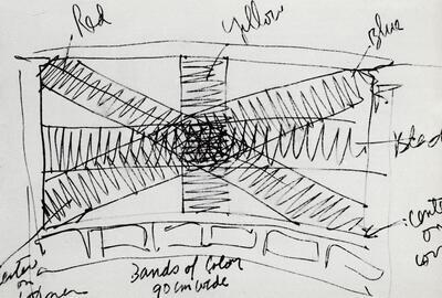 Sol Lewitt (U.S.A., 1928), Wall drawing nr. 39 / Intersecting bands of four colours, 1976