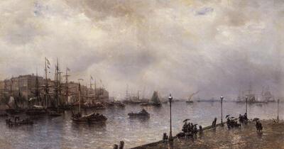 François Musin (1820-1888), De haven van Rotterdam, 1875. Schilders van de zee