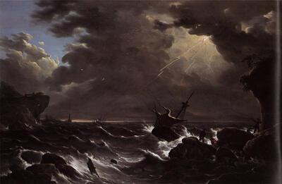 Jean-Baptiste Tency, Storm op zee met schipbreuk, circa 1793. Schilders van de zee