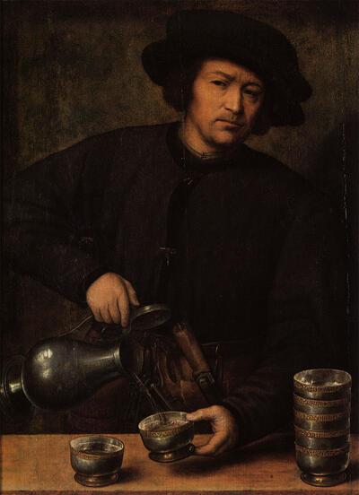 Toegeschreven aan Joos van Cleve (ca. 1464-1540), Portret van een schenker (ca. 1525).  Tafelzilver