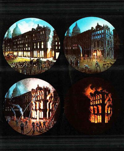 Brand van een warenhuis te Londen. Overvloeiende beelden. Engels, omstreeks 1880. Laterna Magica