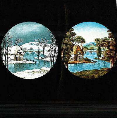 Rivierlandschap. Winter- en zomergezicht. Overvloeiende beelden. Laterna magica