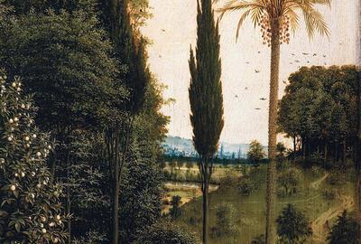 Landschap Gebroeders van Eyck, Open retabel van het Lam Gods: De pelgrims, olieverf op paneel Sint-Baafskathedraal, Gent Lukas - Art in Flanders, 