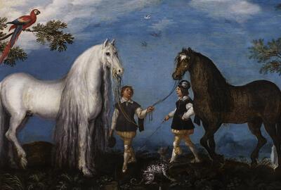 Roelandt Savery, Twee paarden en palfreniers, 1628, olieverf op paneel, 
