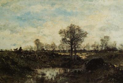 Adrien joseph Heymans (1839 -1921), Heidelandschap met herder, waakhond en kudde schapen bij drinkplaats, olieverf op paneel, Kalmthout,