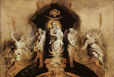 Peter Paul Rubens (1577-1640), Ontwerp voor de bekroning van het hoofdaltaar in de Antwerpse jezuïetenkerk, ca. 1617. Olieverf op paneel.  lnventarisnummer: S. 194. Het Rubenshuis, Antwerpen